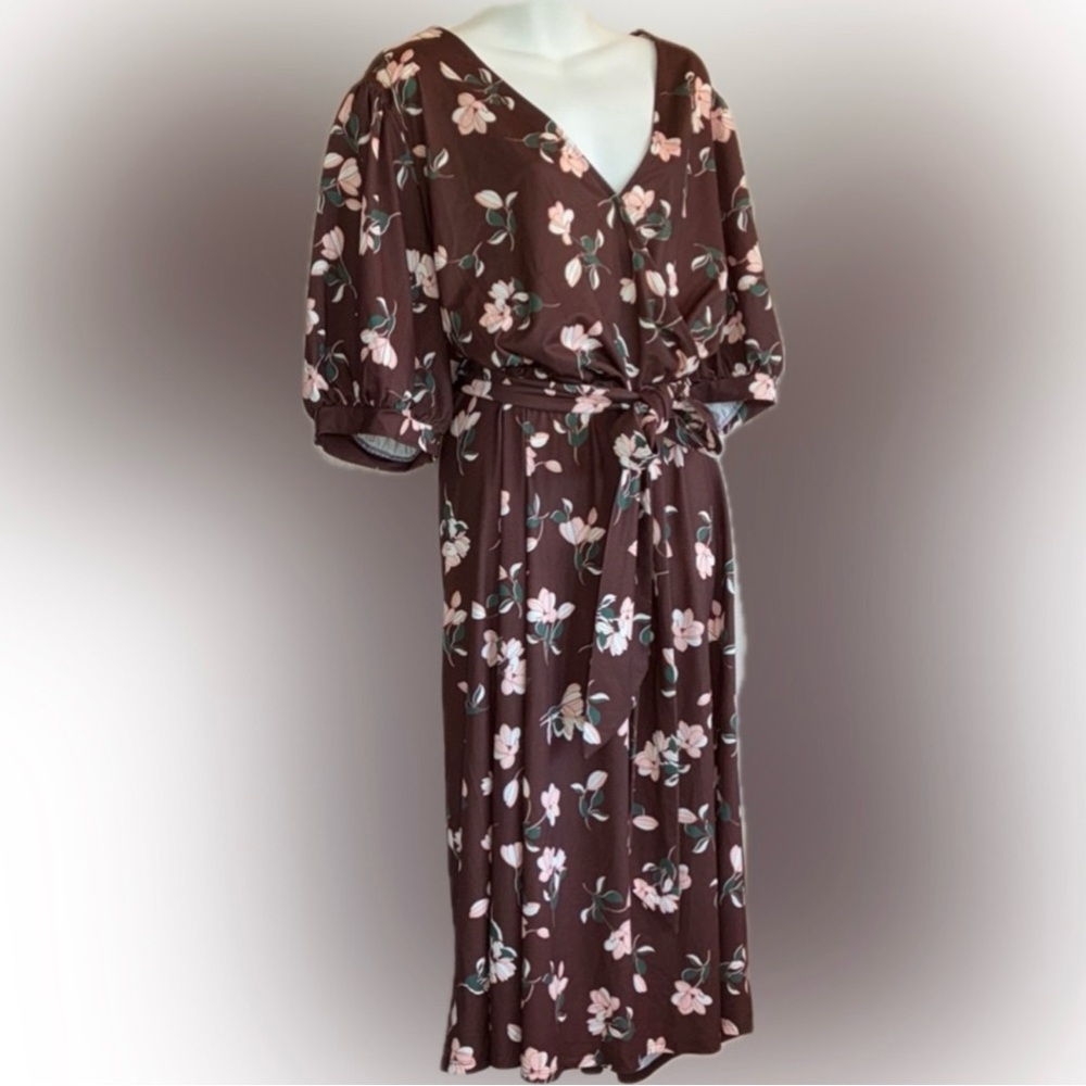 ELOQUII Floral Brown Dress with Belt